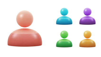 Set of five colorful 3D glossy user profile avatars isolated on a transparent background for modern UI and UX design.