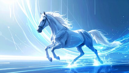 Luminous White Stallion with Digital Constellations Galloping on a Blue Energy Path