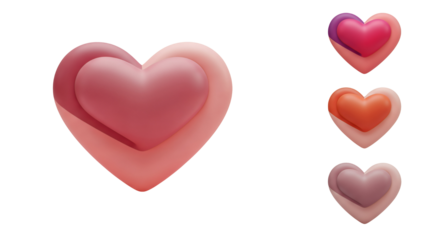 Layered 3D heart icon set in vibrant colors, isolated on a transparent background. Smooth, volumetric illustration symbolizing love, romance, and affection for graphic design.