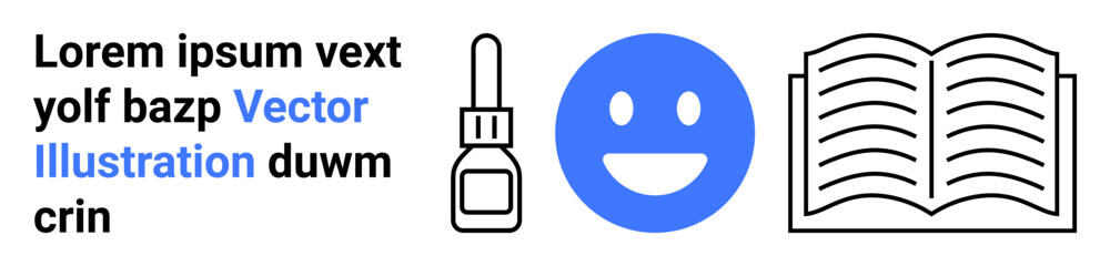 Fototapeta premium Health care, education, drug safety, positivity, reading, learning tools. Minimalist design a smiling blue face, open book dropper and text. Health care and education focus