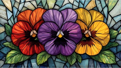 Stained glass colorful Pansy flowers 