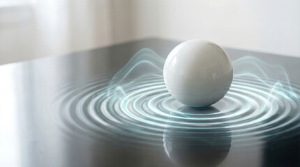 High-tech white sphere generating illuminated ripple and energy waves on a reflective surface, representing quantum physics and data transmission.