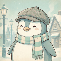 Cute Vintage Penguin Illustration - generative ai