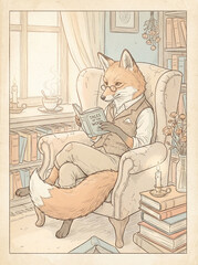Vintage Fox Reading a Small Book - generative ai