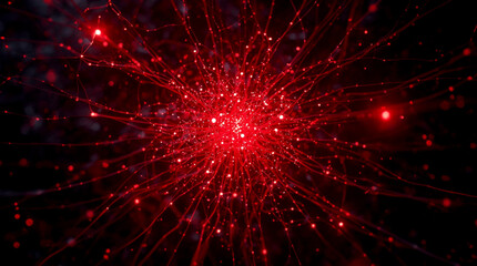 Red Neural Network Visualization With Glowing Data Connections, Abstract Digital Concept for Artificial Intelligence, Deep Learning, Data Flow, Cyber Systems and Futuristic Technology Design