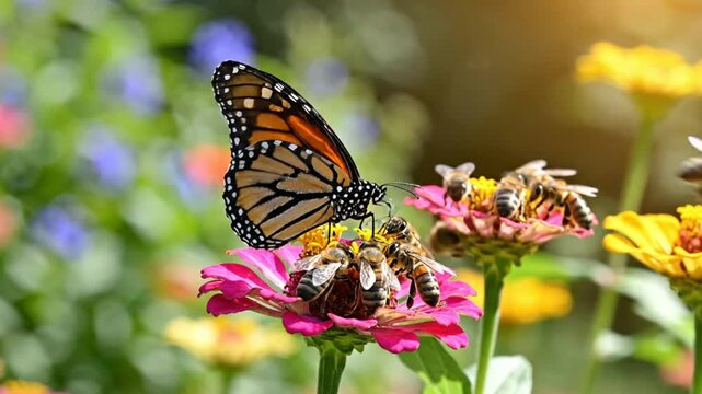 Monarch butterfly and honeybees gathering nectar from pink zinnia flowers in a garden on a sunny day