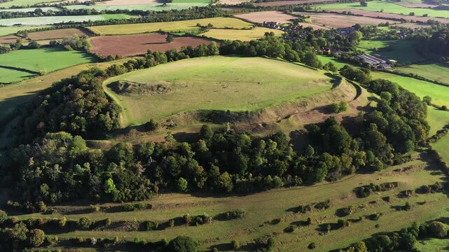 Cadbury Castle. Bronze and Iron Age hillfort, South Cadbury, Somerset. Neolithic through to Mediaeval with King Arthur Camelot tradition. View to NE. Video fly in no horizon