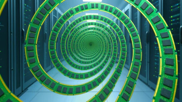 Computing DDR memory modules forming infinite spiral in modern server room. Lockdown shot with selective focus.
