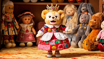 Duffy Bear Plush in Patchwork Dress with Assorted Dolls and Stuffed Animals