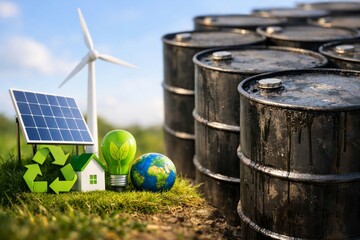 A green energy concept showcasing a solar panel, wind turbine, recycling symbol, and a globe next to oil barrels, highlighting sustainability.