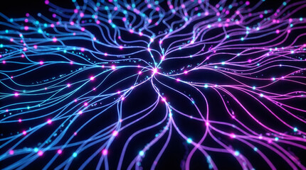 Abstract Digital Visualization of Futuristic Neural Network Structure with Glowing Neon Blue and Pink Data Connections.