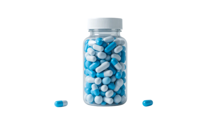 Medicine bottle filled with blue and white capsules, symbolizing health, treatment, and recovery, against a clean white background