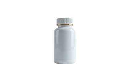 A white bottle with a golden cap isolated on a white background, suitable for health supplements, medicine, or cosmetic products