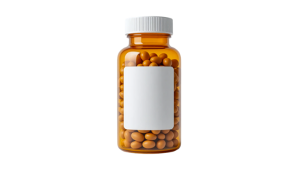Amber pill bottle with blank label and small pills inside, isolated on white background for medical and pharmaceutical purposes