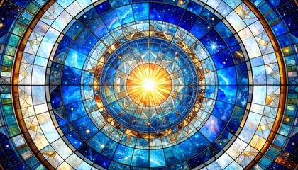 Celestial Mandala in Stained Glass: A Luminous Dome Depicting the Cosmos