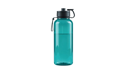 A clear turquoise reusable water bottle with a black cap and strap, perfect for hydration on the go and reducing plastic waste