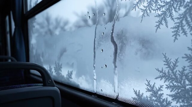 Rainy winter day with a snow-covered window and frost patterns inside a bus
