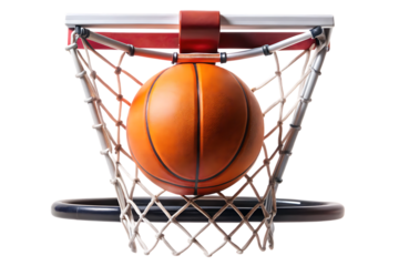 Mini indoor basketball hoop with ball going through net isolated on a transparent background