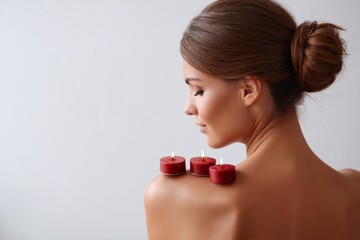 Back view of woman relaxing in luxury spa center with massage and burning candles