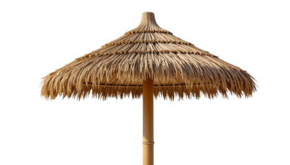 A thatched umbrella offering shade, a traditional and natural protection from the sun, perfect for beach or garden settings, evoking relaxation and tropical vibes