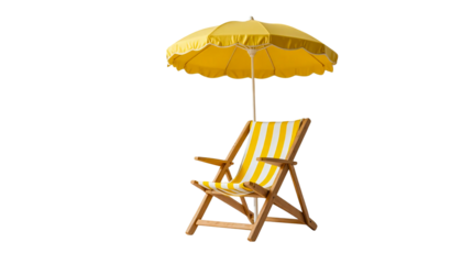 A classic yellow and white striped deck chair with a matching umbrella, perfect for a sunny day at the beach or in the garden