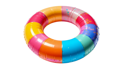 A vibrant and colorful inflatable ring, perfect for summer fun and pool parties, featuring a playful rainbow design and buoyant material for safe water activities