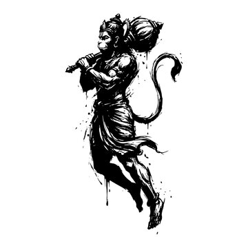Dynamic ink sketch of Hindu god Hanuman flying with mace weapon over shoulder