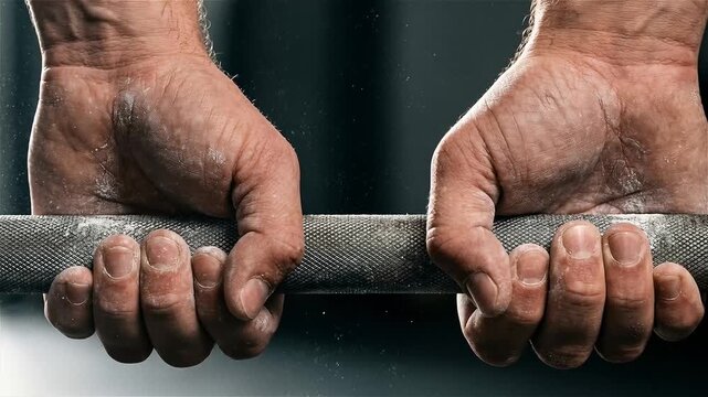 Close up of powerful, chalk-covered hands gripping a metal barbell in a dark gym, preparing for a heavy lift or deadlift workout.