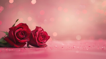 red roses, the symbol of love and romance with bokeh background for Valentine card wallpaper banner.