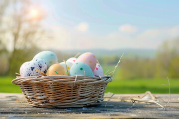 traditional decoration of colorful painted easter eggs in a vintage basket over wooden background in spring.	