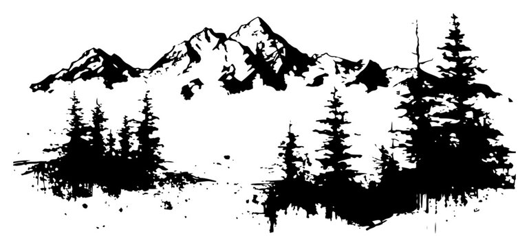 Panoramic view of mountains and pine forest in black ink sketch
