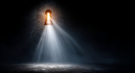 A bright light shining through a keyhole in a dark room symbolizes opportunity and discovery, a banner for text or product image.