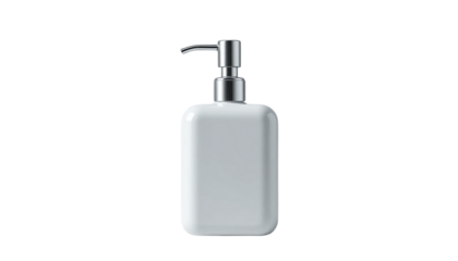 White ceramic soap dispenser with silver pump on a white background - simple and elegant bathroom accessory for hygiene and cleanliness
