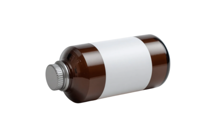 Brown liquid in a clear glass bottle with a silver lid and a blank white label, isolated on a white background, representing storage