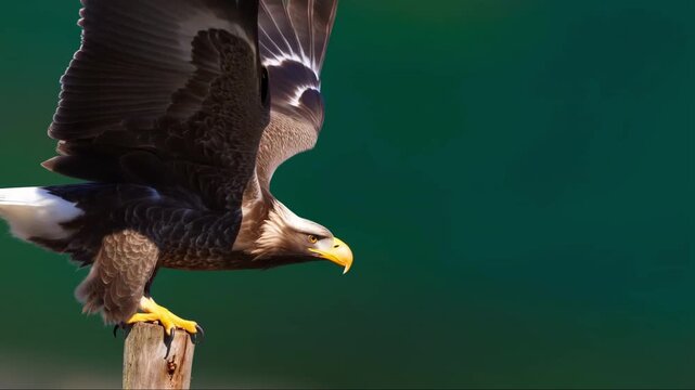 Steller's Sea Eagle landing on wooden post with green background in slow motion nature scene
