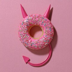 Pink glazed donut with crumbs and cute devil horns on a pink background. Sweet Temptation.