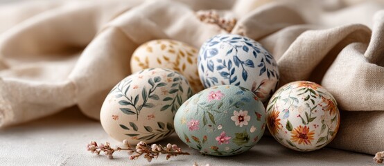 Spring banner with decorated Easter eggs, perfect for seasonal sales and celebrations. Copy space.