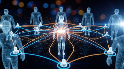 Global interconnected network structure centered around a glowing digital human body, visualizing AI, big data, and social connectivity.