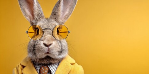 Portrait of a cool bunny in a yellow suit and stylish sunglasses on a bright yellow background with space for text.