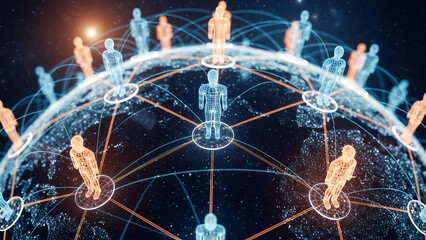 Global network connection concept showing digital human figures linked by data lines across a futuristic glowing planet Earth.