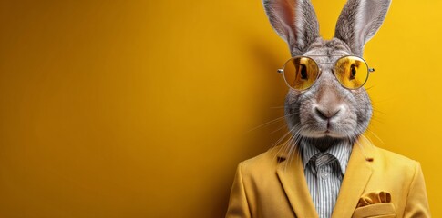 Portrait of a cool bunny in a yellow suit and stylish sunglasses on a bright yellow background with space for text.