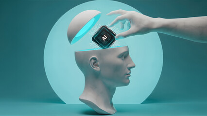 Conceptual 3D render of a hand placing an AI processor chip into an open human head model, symbolizing artificial intelligence integration and future technology.