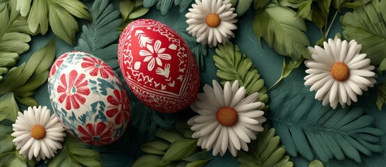 Spring banner with decorated Easter eggs, perfect for seasonal sales and celebrations. Copy space.