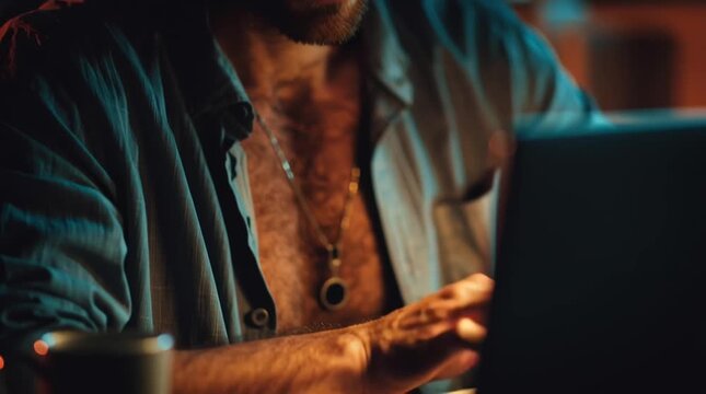 Closeup of a focused bearded man illuminated by warm and cool dramatic lighting