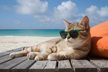 Relaxed tabby cat lounges on sun lounger wearing green sunglasses with ocean and beach view