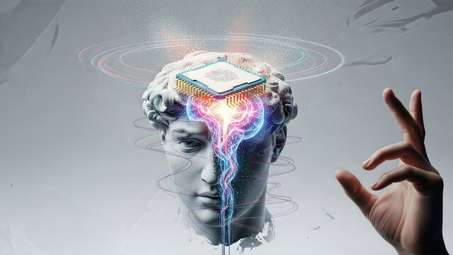 Artificial intelligence concept image showing a classical marble head statue with a glowing digital brain and a CPU microchip, symbolizing the fusion of mind and machine. - Powered by Adobe