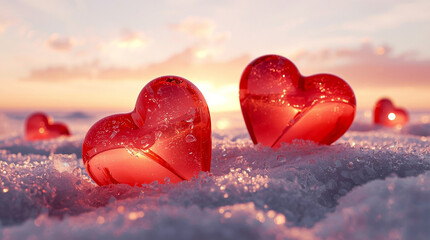 Red Glass Hearts in Snow at Sunset, Winter Valentine Love Concept With Ice Texture and Warm Light for Romantic Holiday Design, Seasonal Greeting Cards, Emotional Visuals and Festive Backgrounds
