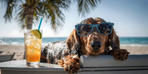 A dachshund relaxes in sunglasses next to a refreshing glass of iced tea on a tropical beach.