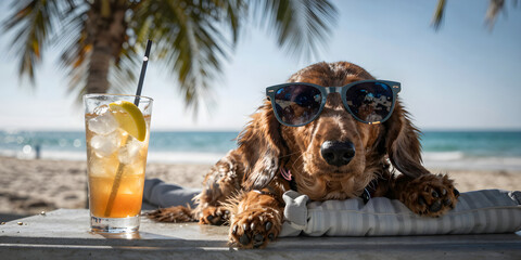 A relaxed dachshund wearing sunglasses enjoys a glass of iced tea on a serene tropical beach.
