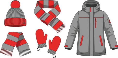 Set of 4 winter clothes flat illustration beanie hat wool scarf mittens and winter coat